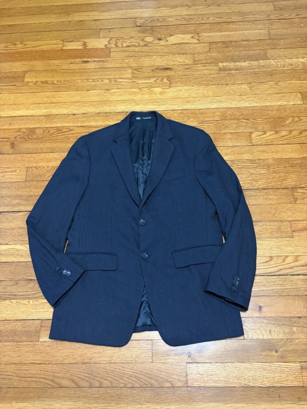 Zara Man Blazer Jacket Mens Sz 40 Navy Blue Slim Fit Stretch 2 Button Preppy